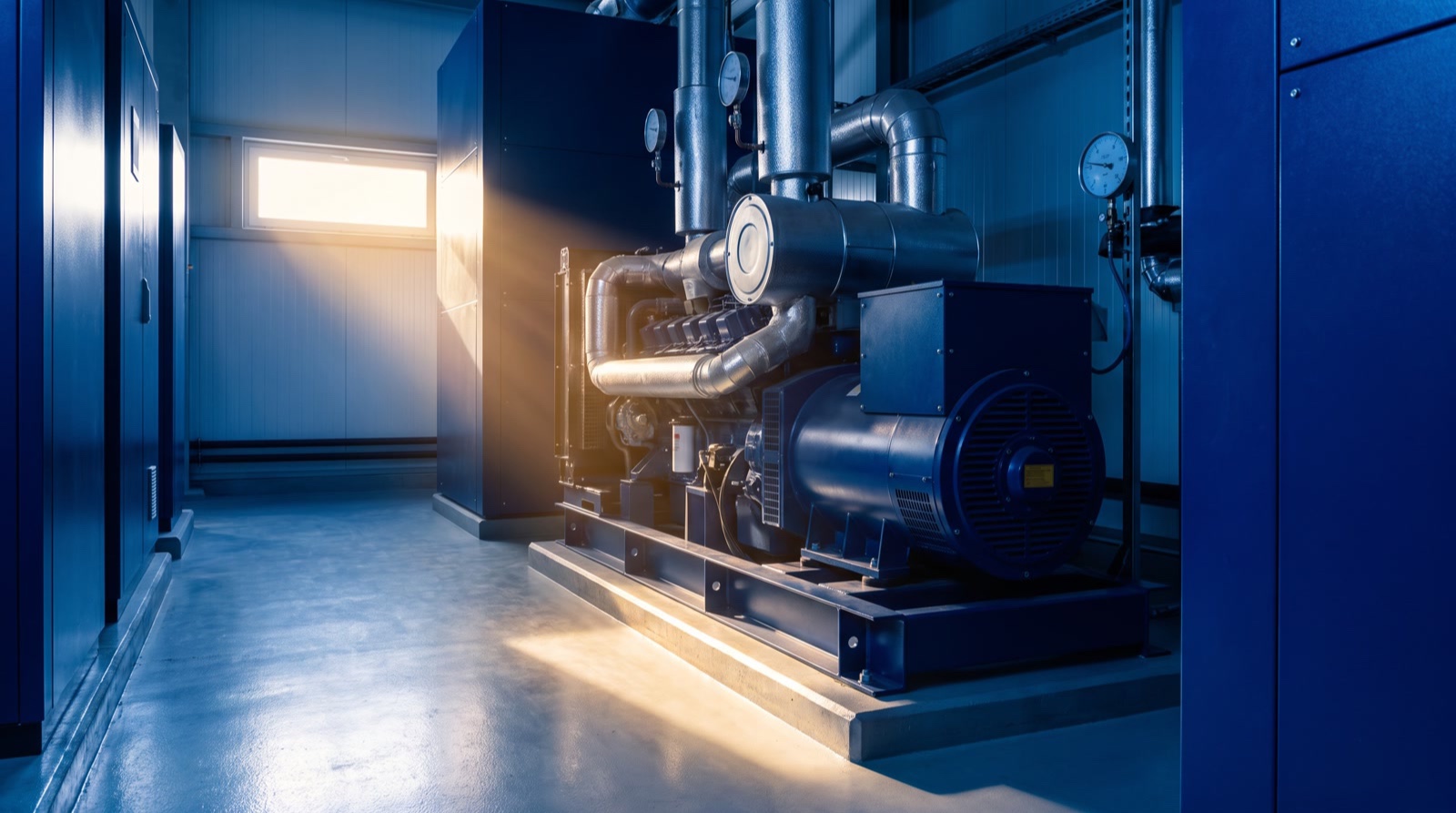 Energieanlage mit Kaminen und Gasspeicher unter Abendhimmel