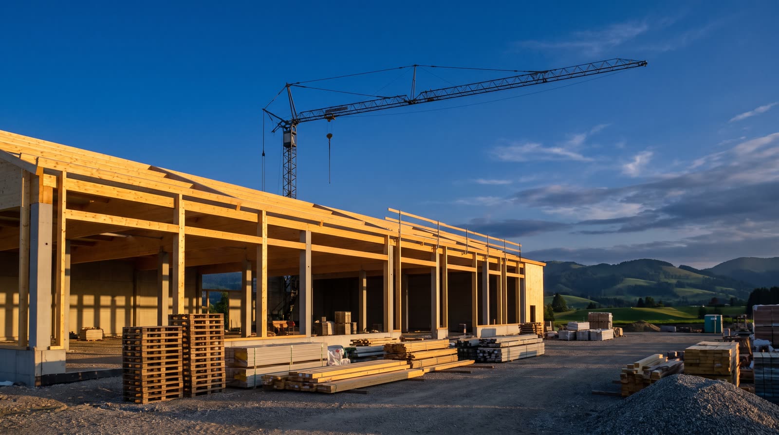 Holzbau eines Handelsstandorts mit Kran im Abendlicht