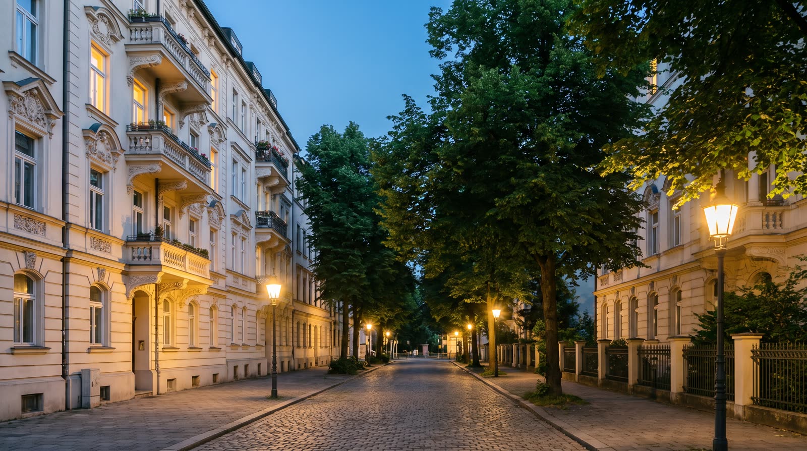 Münchner Altbaufassade an einem Sommerabend